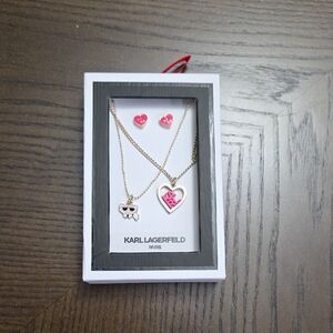 Karl Lagerfeld Gold-Tone Layered Necklace & Pink Heart Stud Earring Set New